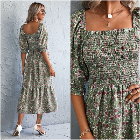 boho floral print short sleeve maxi dress ruffle - Picture 2 of 4